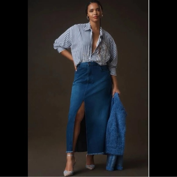 Anthropologie Pilcro The Madi Front Slit Dark Blue Denim Maxi Skirt Raw Hem - Picture 4 of 14